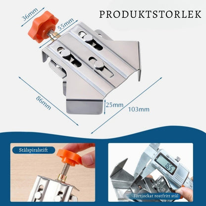 VinkelFix Klämma – Rostfri 90° hörnklämma för trä, metall & glas